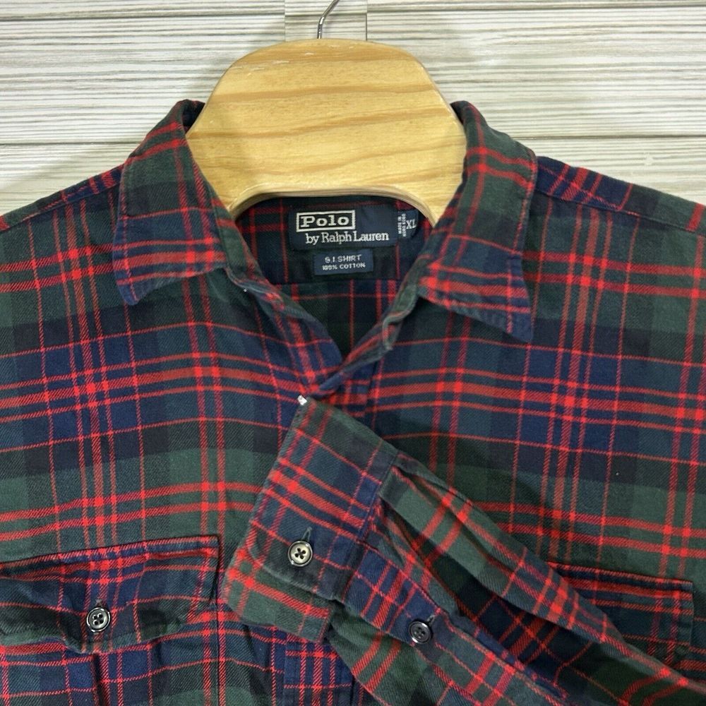 VTG Polo Ralph Lauren Mens G.I. Shirt Christmas  Button‎ Mulitcolor Plaid Sz XL